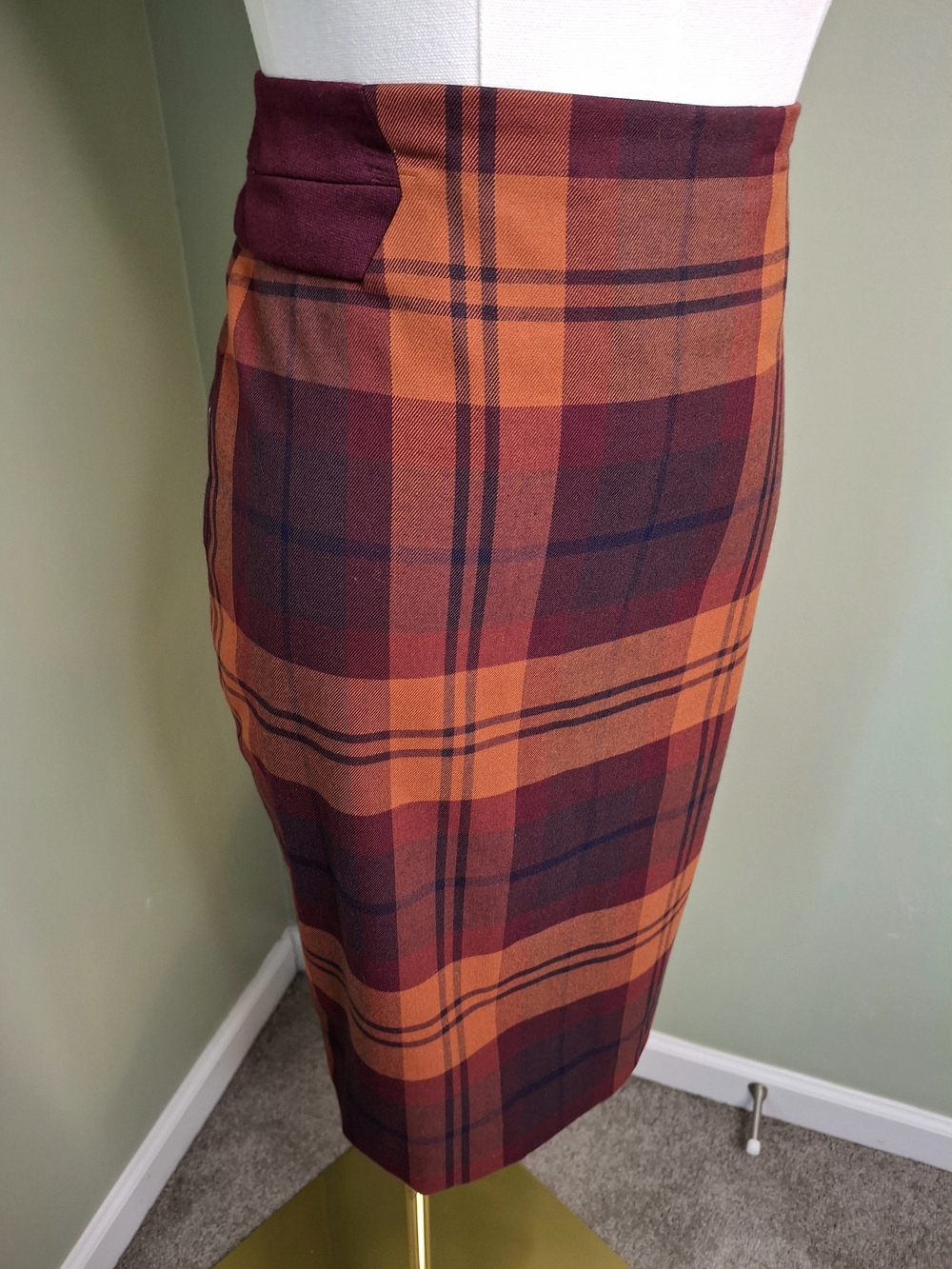 The Limited Plaid Pencil Skirt 6T Tall Burgundy Orange High Waist Fall
